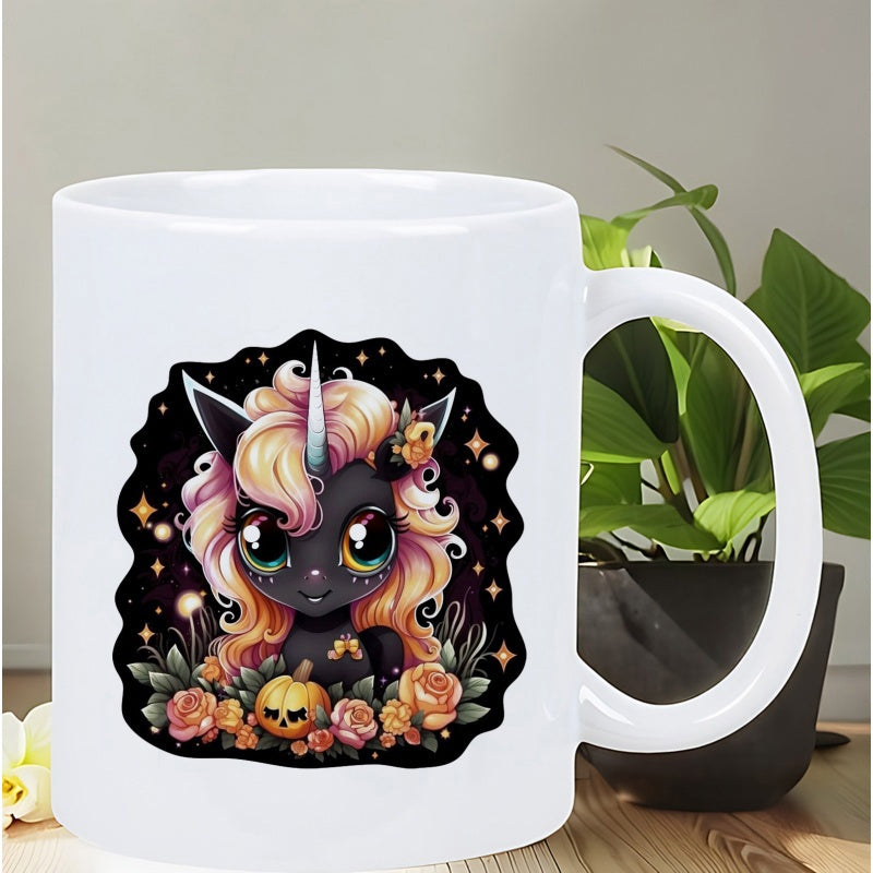 Tailorly White Ceramic 11 oz Mug - Magical Dark Fantasy With Sparkling Stars And Blooming Roses Mystical Unicorn