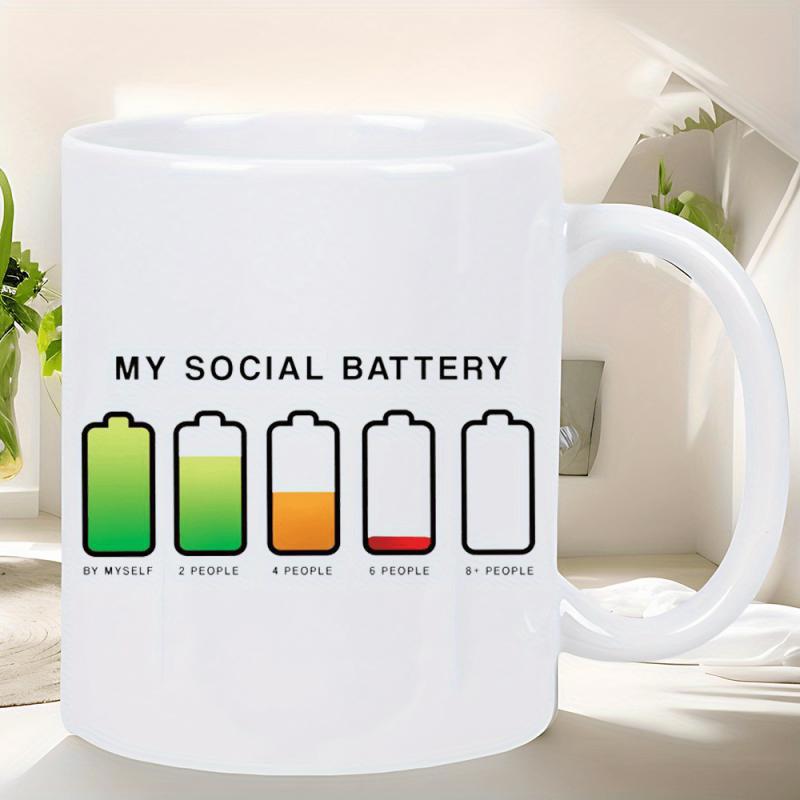 Tailorly White Ceramic 11 oz Mug - My Social Battery Five Battery Icons With Colorful Levels Displaying Different Energy States Mug