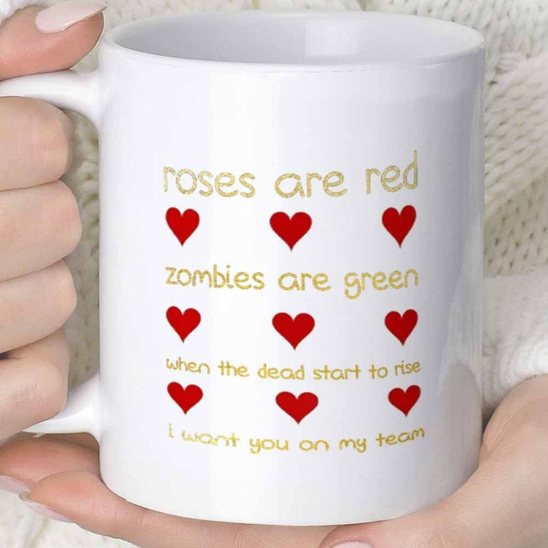 Tailorly White Ceramic 11 oz Mug - Roses Are Red Zombies Are Green When The Dead Start To Rise I Want You On My Team Small Red Symbols Arranged In A Neat Grid