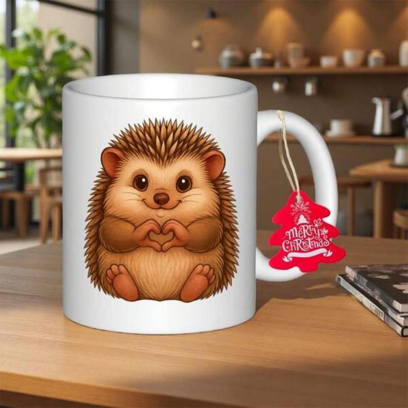 Tailorly White Ceramic 11 oz Mug - Merry Christmas Adorable Cartoon Animal Making Heart Gesture Sitting Quietly On White Surface Hedgehog