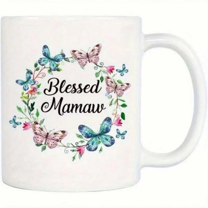 Tailorly White Ceramic 11 oz Mug - Blessed Mamaw Delicate Watercolor Floral Circle With Vibrant Blue And Pink Butterflies Wreath