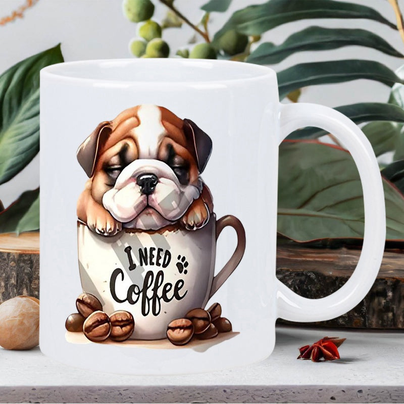 Tailorly White Ceramic 11 oz Mug - I Need Coffee Sleepy Cartoon Puppy Sitting Inside A Small Cup Among Roasted Beans Bulldog
