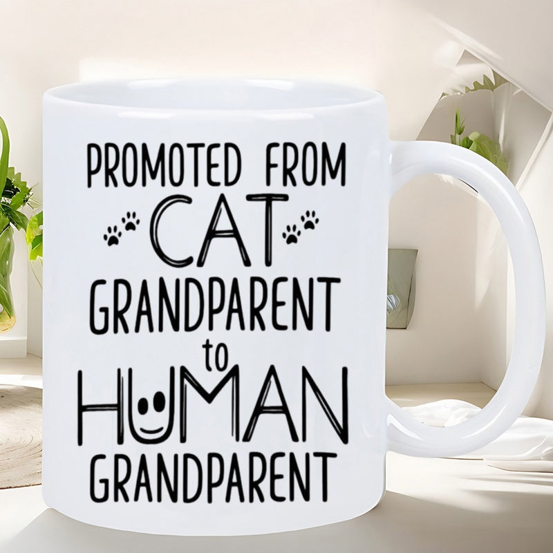 Tailorly White Ceramic 11 oz Mug - Promoted From Cat Grandparent To Human Grandparent Clean Black Ink Hand Drawn Illustrations With Small Paw Prints Smiley Mug