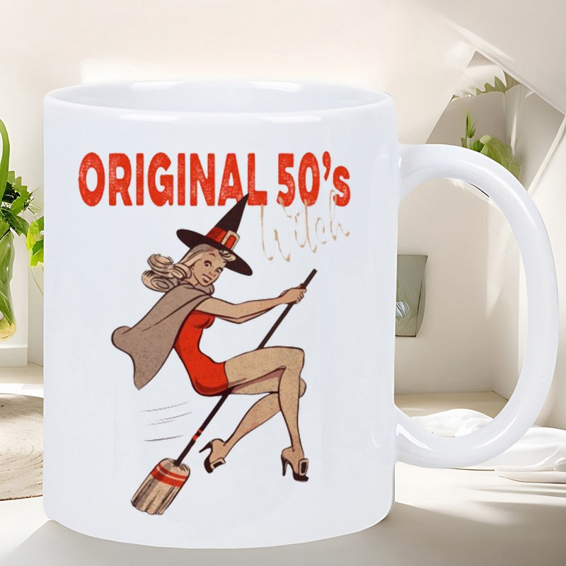 Tailorly White Ceramic 11 oz Mug - Original 50s Witch Vintage Retro Pin Up Style Blonde Flying On A Wooden Broomstick Witch