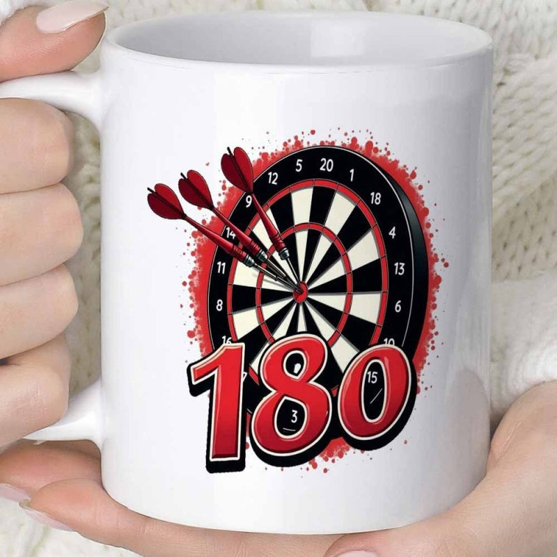 Tailorly White Ceramic 11 oz Mug - 180 Professional Red Darts Hitting Bullseye On Circular Sports Target Background Dartboard