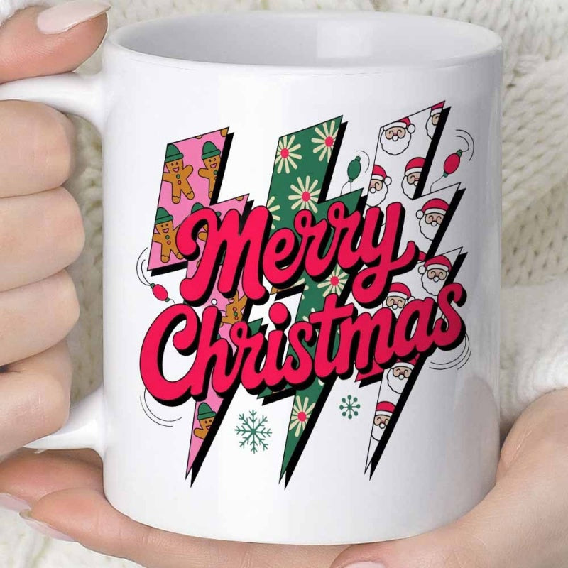 Tailorly White Ceramic 11 oz Mug - Merry Christmas Festive Stylized Lightning Bolts Filled With Santa And Gingerbread Patterns Lightning Bolt