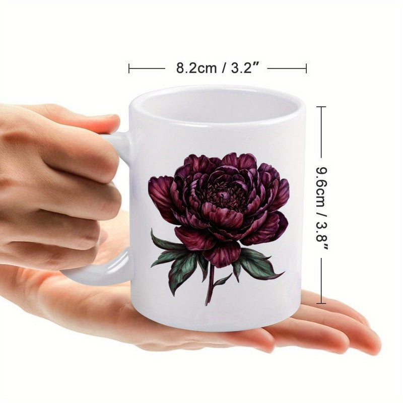 Tailorly White Ceramic 11 oz Mug - Deep Purple Petals With Green Leaves Elegant Blooming Peony