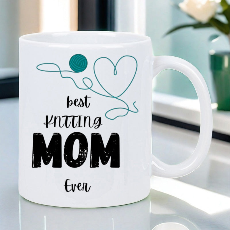 Tailorly White Ceramic 11 oz Mug - Best Knitting Mom Ever Delicate Teal Yarn Ball Forming A Minimalist Heart Shape Yarn