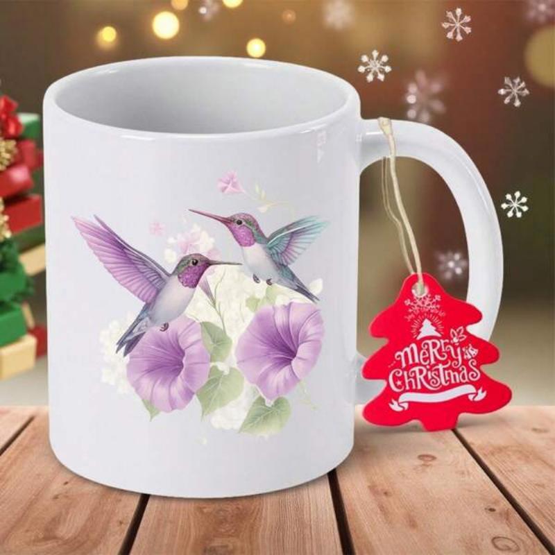 Tailorly White Ceramic 11 oz Mug - Merry Christmas Delicate Purple Birds Hovering Near Soft Lilac Blossoms With Green Leaves Hummingbird