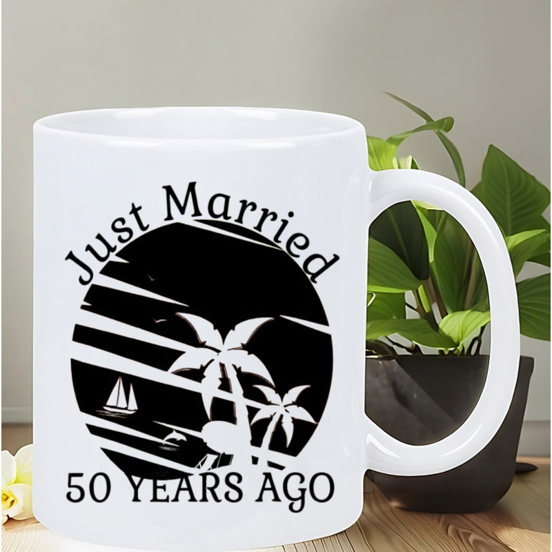 Tailorly White Ceramic 11 oz Mug - Just Married 50 Years Ago Retro Tropical Scene With Sailboat Under Sunset Silhouette Among Two Palm Tree