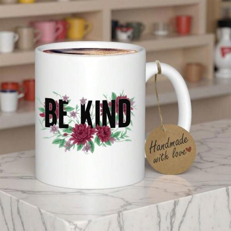 Tailorly White Ceramic 11 oz Mug - Be Kind Elegant Red Roses Blooming Among Green Leaves And Small Purple Petals Flower