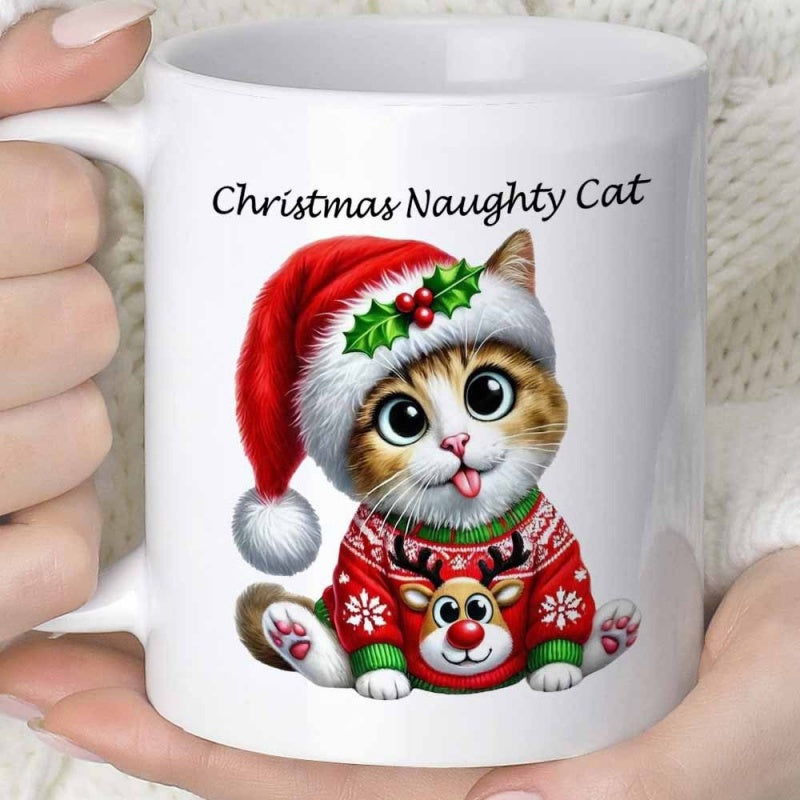 Tailorly White Ceramic 11 oz Mug - Christmas Naughty Cat Adorable Tabby Kitten Wearing Red Festive Santa Hat And Reindeer Sweater Cat