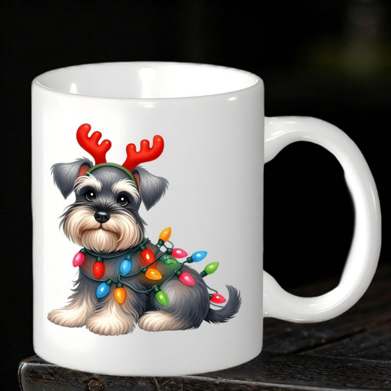 Tailorly White Ceramic 11 oz Mug - Cute Festive Schnauzer Wearing Red Antlers Wrapped In Colorful Christmas Lights Dog