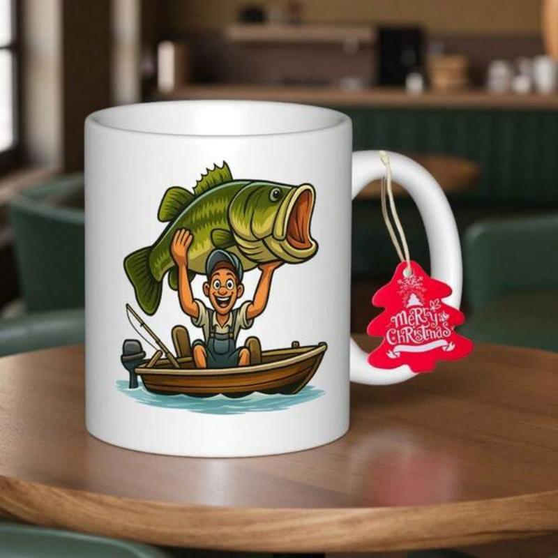 Tailorly White Ceramic 11 oz Mug - Joyful Character Holding A Large Green Bass On Small Wooden Boat Fisherman