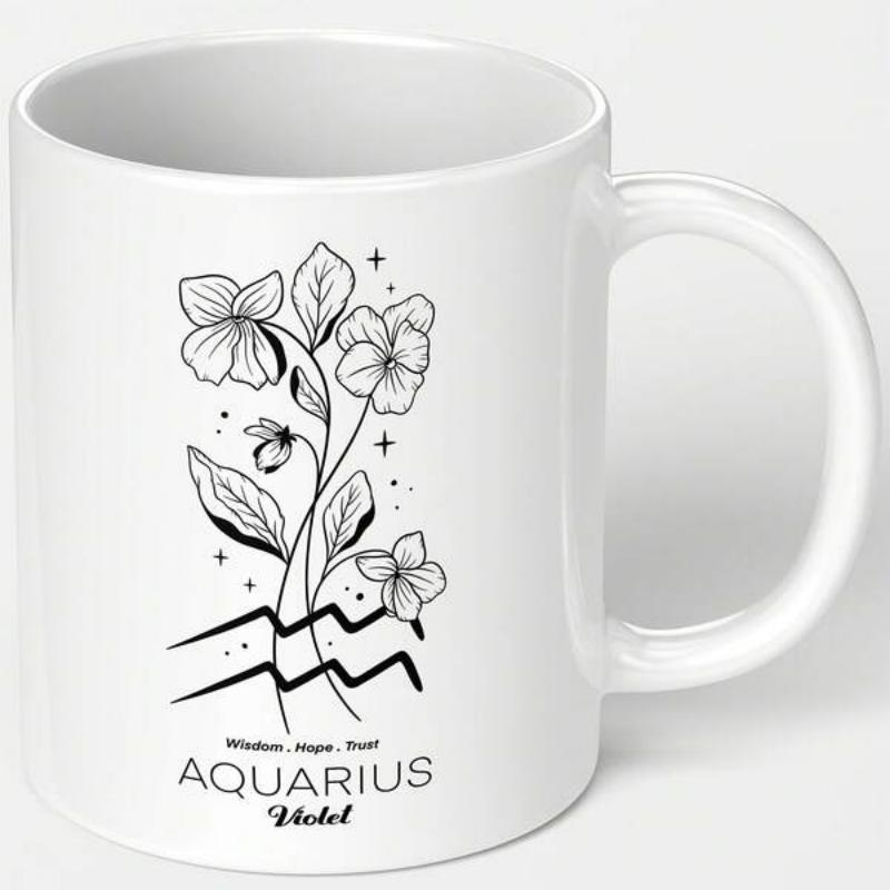 Tailorly White Ceramic 11 oz Mug - Aquarius Violet Wisdom Hope Trust Minimalist Black Line Art Flowers With Shimmering Stars And Zodiac Symbol Sign