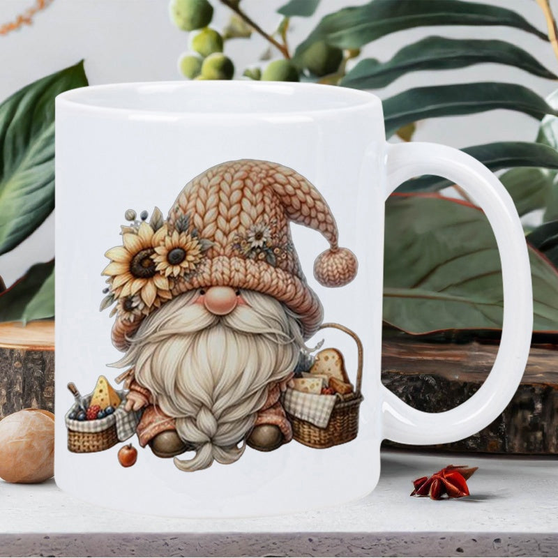 Tailorly White Ceramic 11 oz Mug - Charming Knitted Hat Featuring Sunflowers And Rustic Picnic Baskets With Bread Gnome