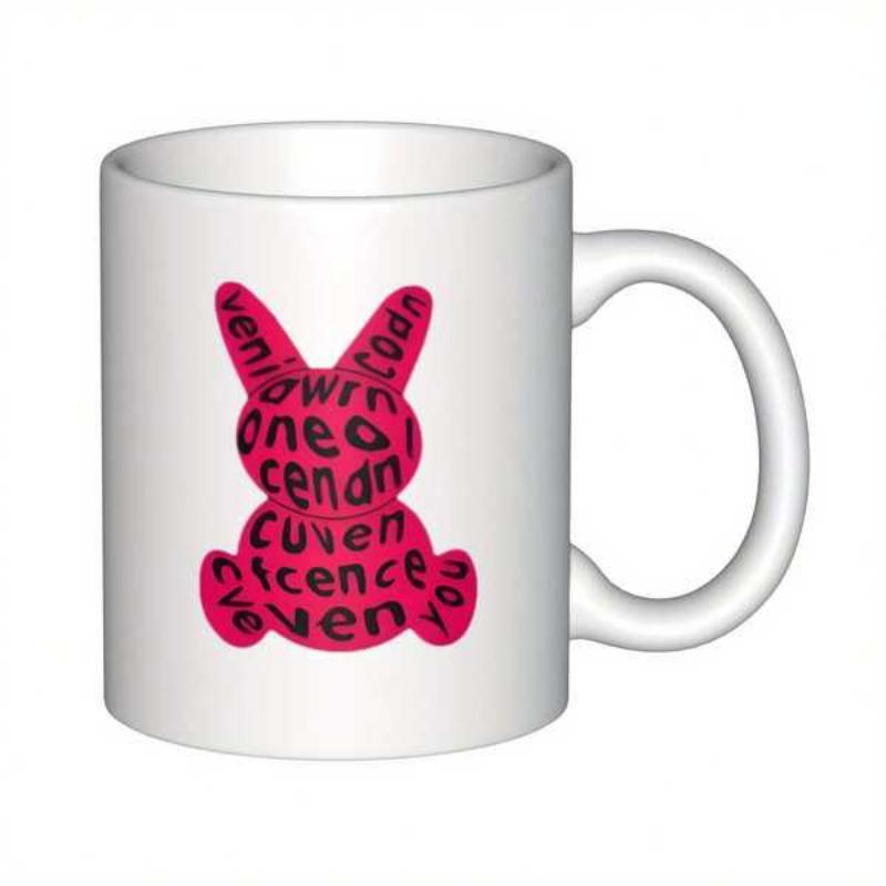 Tailorly White Ceramic 11 oz Mug - Simple Pink Silhouette Containing Artistic Black Script Patterns Decorative Rabbit
