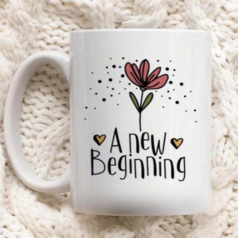 Tailorly White Ceramic 11 oz Mug - A New Beginning Hand Drawn Pink Flower Surrounded By Dotted Accents And Golden Hearts Flower