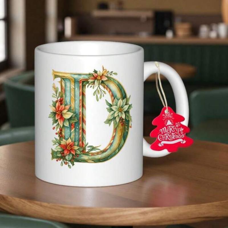 Tailorly White Ceramic 11 oz Mug - Merry Christmas Artistic Vintage Style Capital Letter Adorned With Poinsettia Flowers Letter