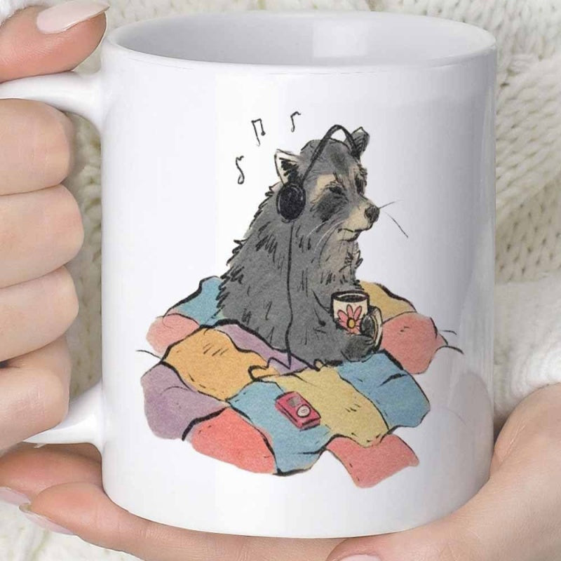 Tailorly White Ceramic 11 oz Mug - Cozy Hand Drawn Raccoon Wearing Headphones Listening To Music While Relaxing Raccoon