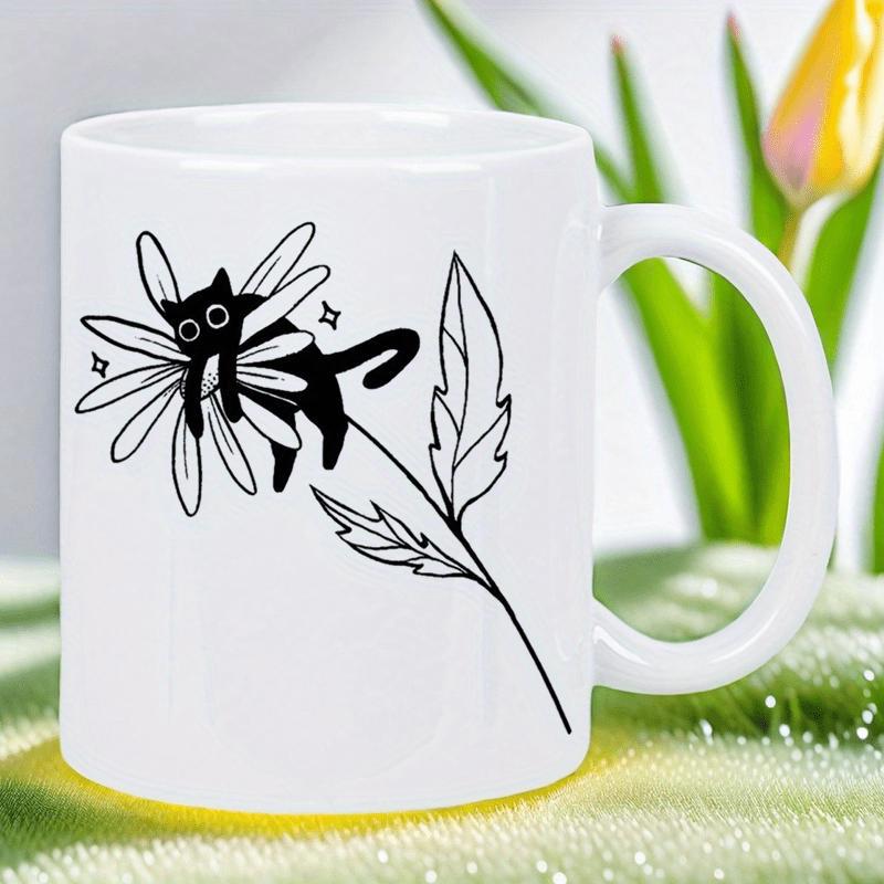 Tailorly White Ceramic 11 oz Mug - Cute Minimalist Black Silhouette Feline Resting Upon A Delicate Blooming Daisy Cat