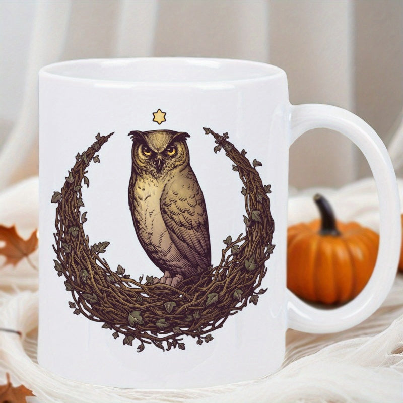 Tailorly White Ceramic 11 oz Mug - Majestic Earthy Bird Sitting Within Intricate Crescent Branch Nest Artwork Owl
