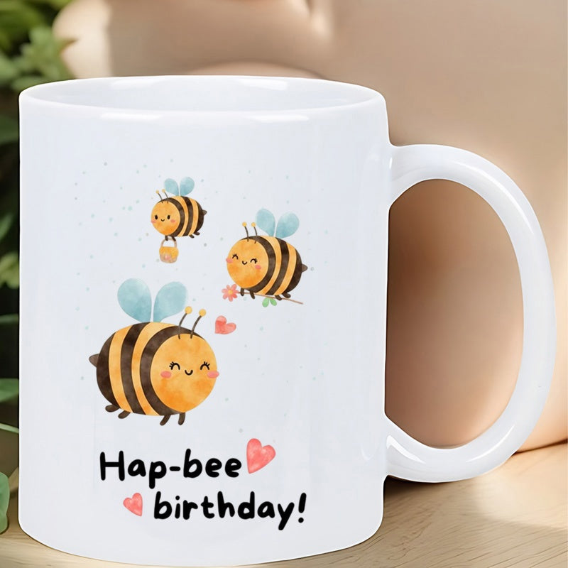 Tailorly White Ceramic 11 oz Mug - Hap Bee Birthday Three Adorable Flying Bumblebees With Tiny Wings Surrounded By Floating Pink Hearts Bee