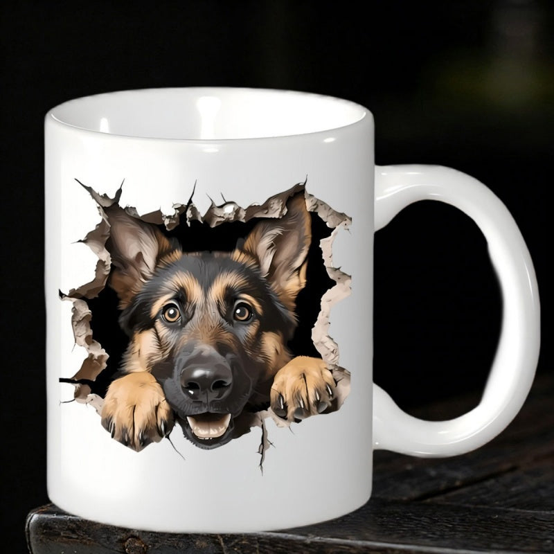 Tailorly White Ceramic 11 oz Mug - Realistic Dog Peering Through A Distressed Cracked White Brick Wall German Shepherd