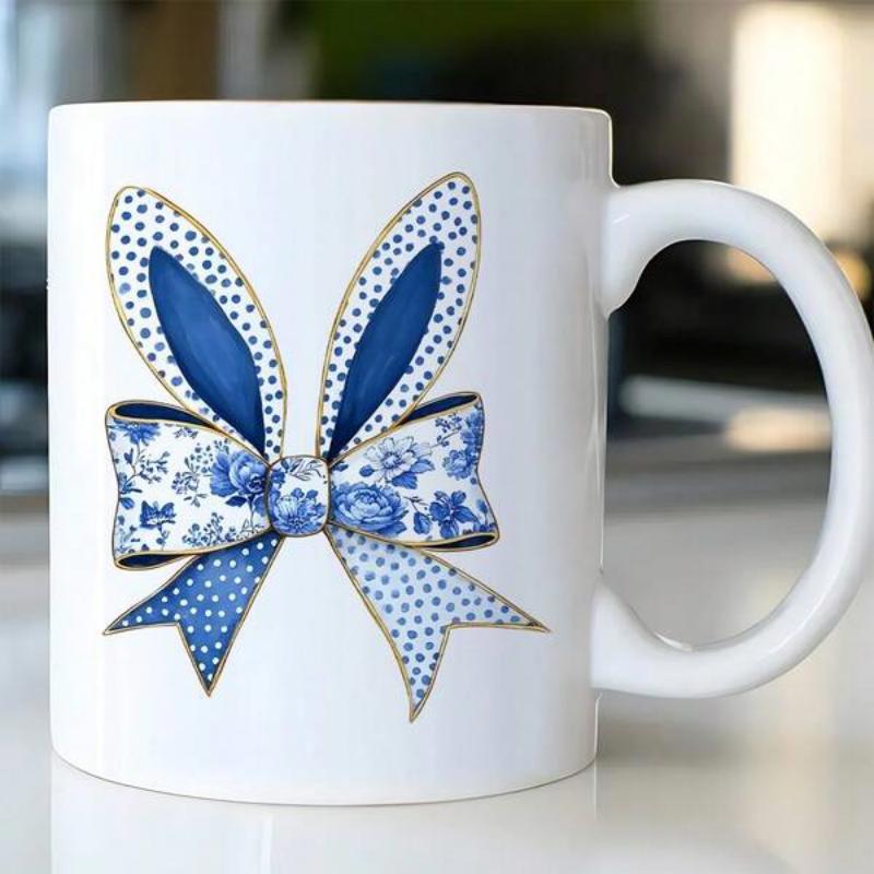 Tailorly White Ceramic 11 oz Mug - Elegant Blue Floral Pattern With Polka Dots And Charming Ribbon Bow