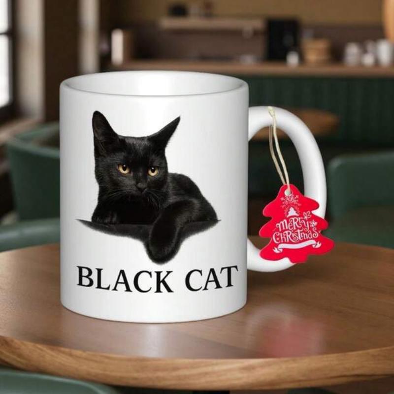 Tailorly White Ceramic 11 oz Mug - Black Cat Sleek Resting Feline With Intense Eyes Sitting On A Plain White Surface Cat