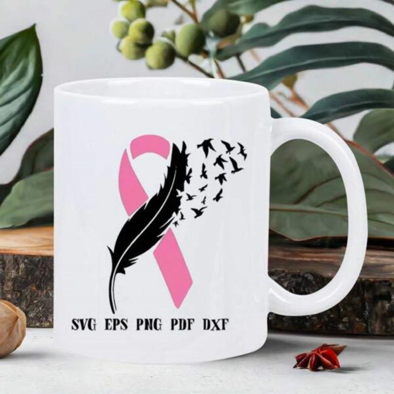 Tailorly White Ceramic 11 oz Mug - SVG EPS PNG PDF DXF Pink Ribbon Combined With Feather Scattering Into Flying Birds Feather
