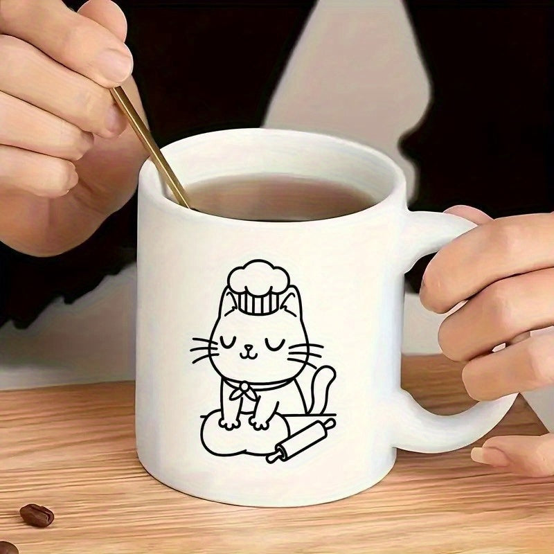 Tailorly White Ceramic 11 oz Mug - Adorable Minimalist Line Art Kitten Wearing Chef Hat Kneading Dough Cat