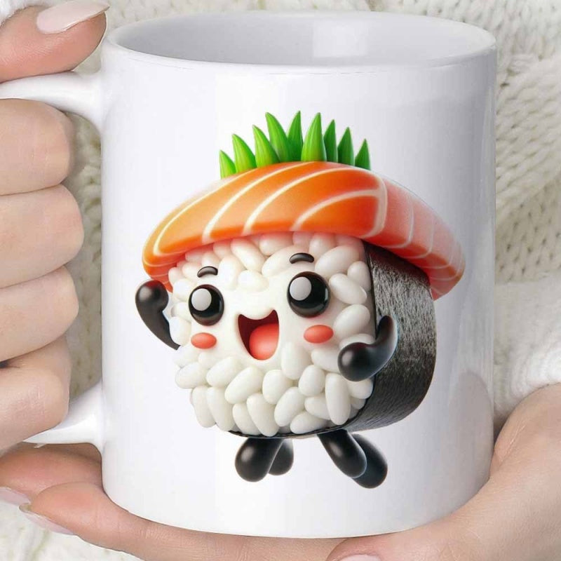 Tailorly White Ceramic 11 oz Mug - Adorable Happy Cartoon Character With Salmon Topping And Seaweed Wrap Sushi