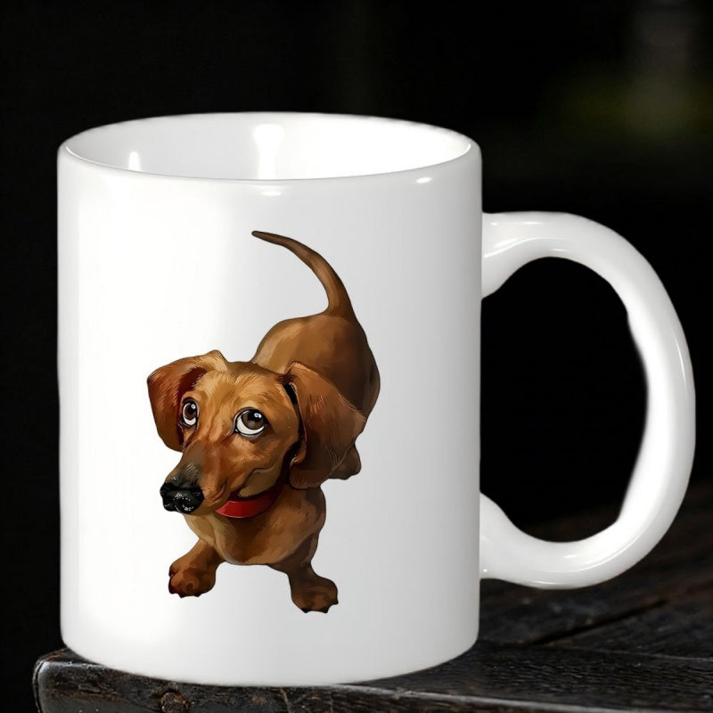 Tailorly White Ceramic 11 oz Mug - Charming Brown Puppy Looking Up With Expressive Eyes Red Collar Dachshund