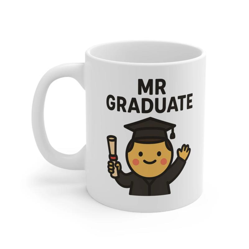 Tailorly White Ceramic 11 oz Mug - Mr Graduate Smiling Cartoon Boy Wearing Graduation Cap Holding Diploma And Waving Hand Character