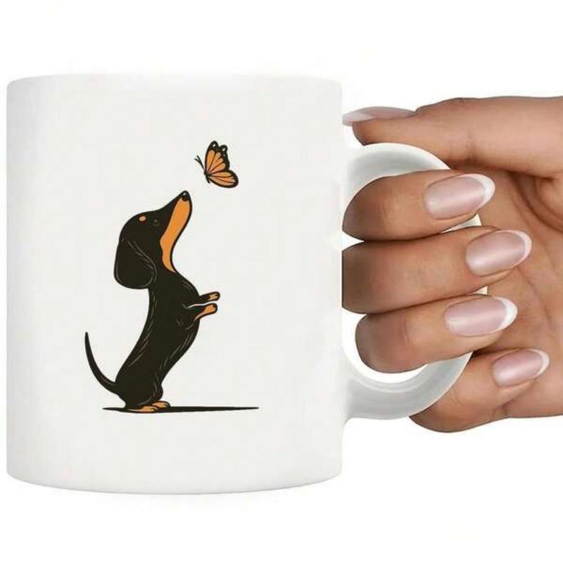 Tailorly White Ceramic 11 oz Mug - Small Black Puppy Standing On Hind Legs Reaching For Tiny Floating Butterfly Dachshund