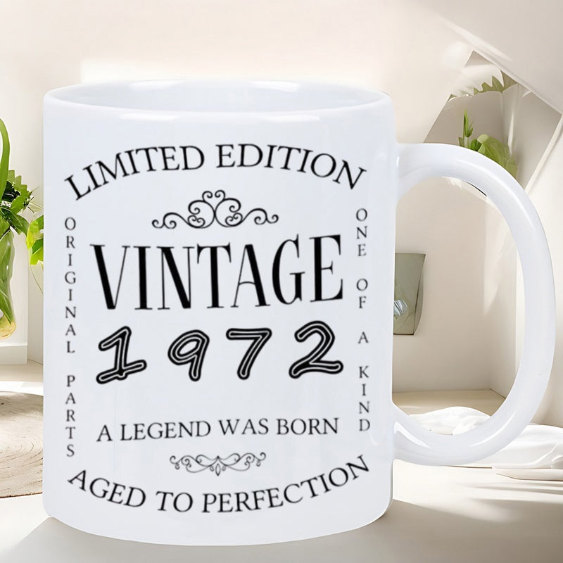 Tailorly White Ceramic 11 oz Mug - Limited Edition Vintage 1972 A Legend Was Born Aged To Perfection Original Parts One Of A Kind Classic Black Decorative Scroll