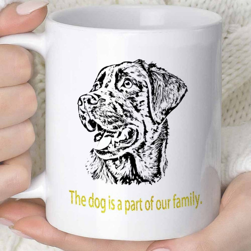 Tailorly White Ceramic 11 oz Mug - The Dog Is A Part Of Our Family Detailed Black And White Line Art Sketch Featuring A Friendly Looking Dog