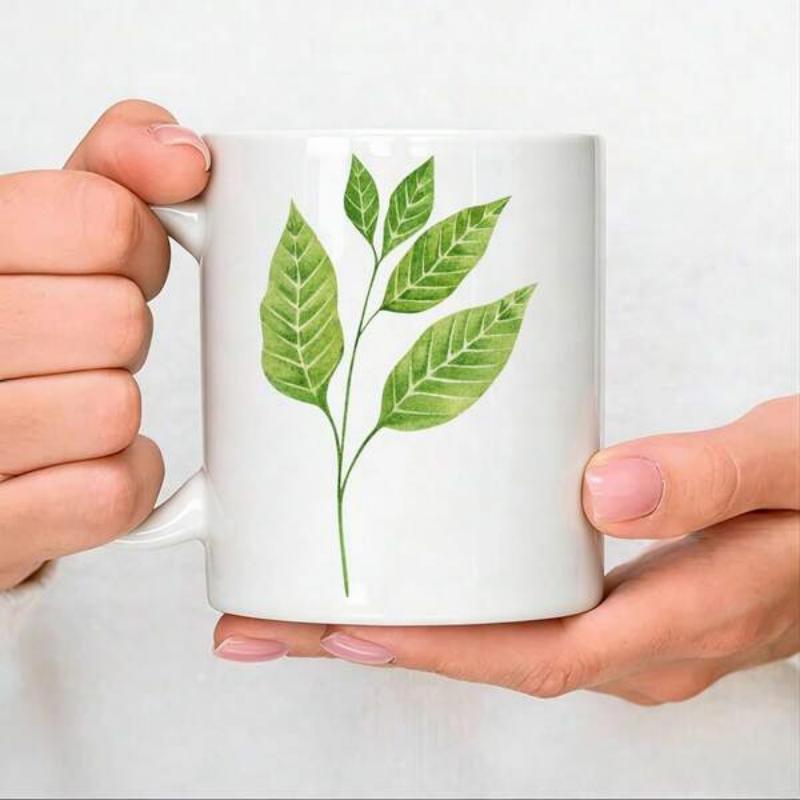 Tailorly White Ceramic 11 oz Mug - Fresh Green Botanical Branch With Delicate Veins On Vibrant Growing Leaves