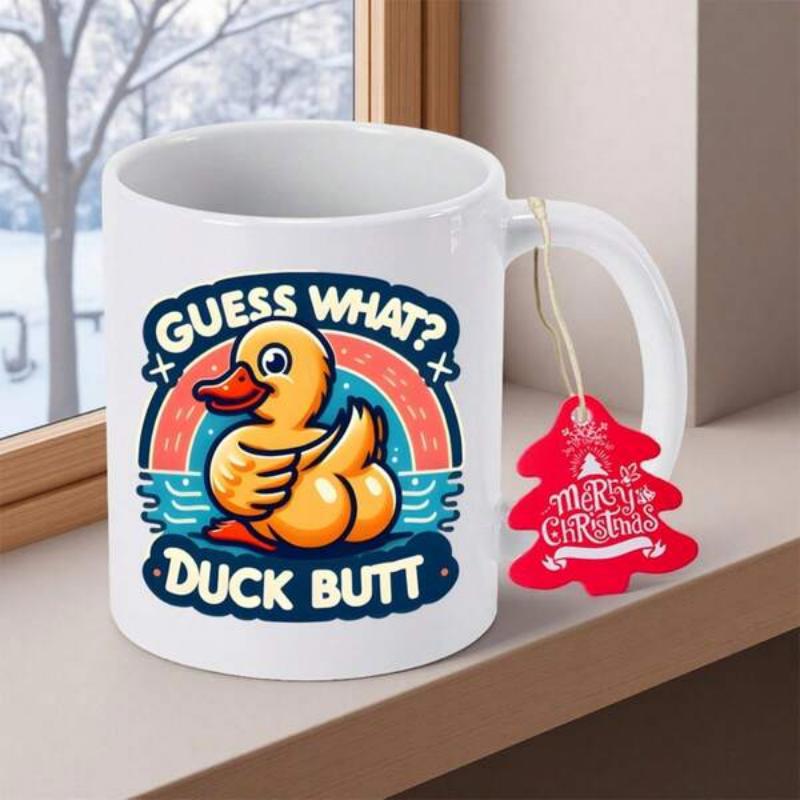 Tailorly White Ceramic 11 oz Mug - Guess What Duck Butt Cheerful Yellow Cartoon Bird Swimming In Colorful Waves Duck