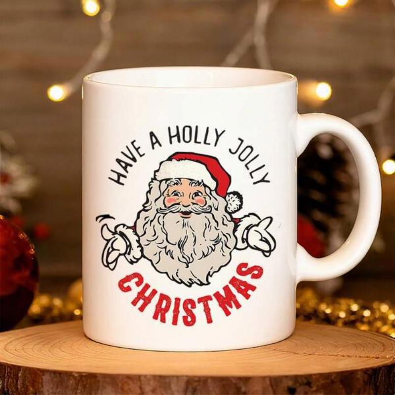 Tailorly White Ceramic 11 oz Mug - Have A Holly Jolly Christmas Vintage Illustration Of Smiling Santa With Red Hat Beard Santa