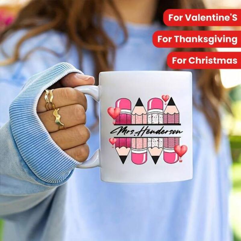 Tailorly White Ceramic 11 oz Mug - Mrs Henderson Cute Pink And Black Pencils Arranged With Tiny Little Red Hearts Pencil