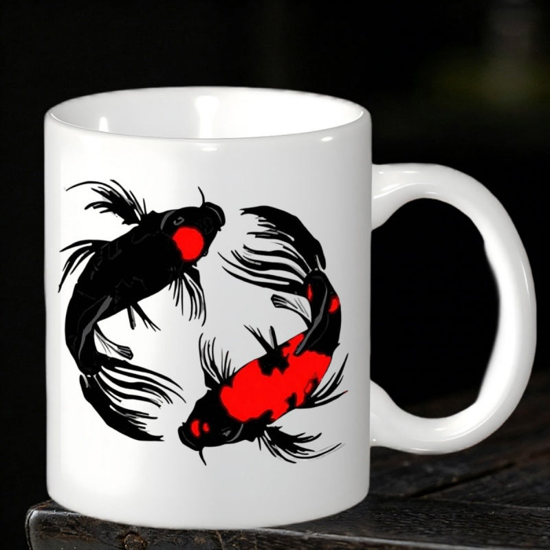 Tailorly White Ceramic 11 oz Mug - Graceful Circular Swimming Motion Of Artistic Red And Black Ink Style Koi