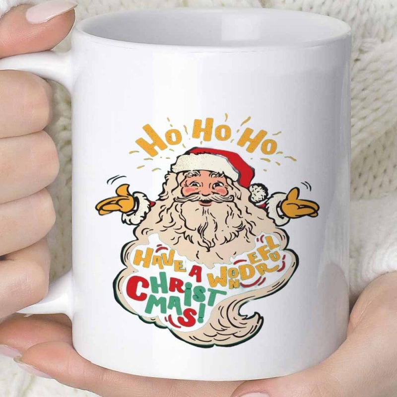 Tailorly White Ceramic 11 oz Mug - Ho Ho Ho Have A Wonderful Christmas Jolly Smiling Festive Character With Red Hat And Thick White Beard Santa Claus