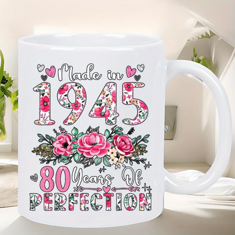 Tailorly White Ceramic 11 oz Mug - Made In 1945 80 Years Of Perfection Elegant Floral Numbers With Blooming Pink Roses And Delicate Hearts Roses