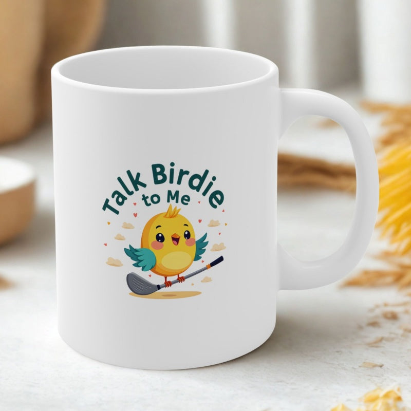 Tailorly White Ceramic 11 oz Mug - Talk Birdie To Me Cheerful Little Yellow Chick Holding A Professional Golf Club Bird