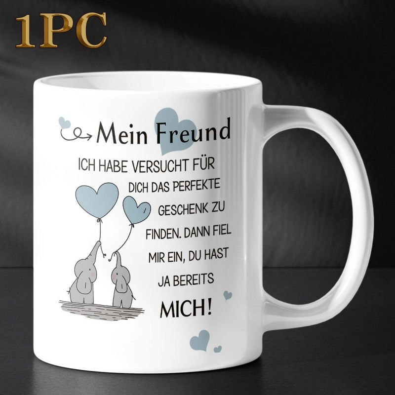 Tailorly White Ceramic 11 oz Mug - Two Little Baby Elephants Holding Heart Shaped Balloons In A Gentle Breeze Elephant
