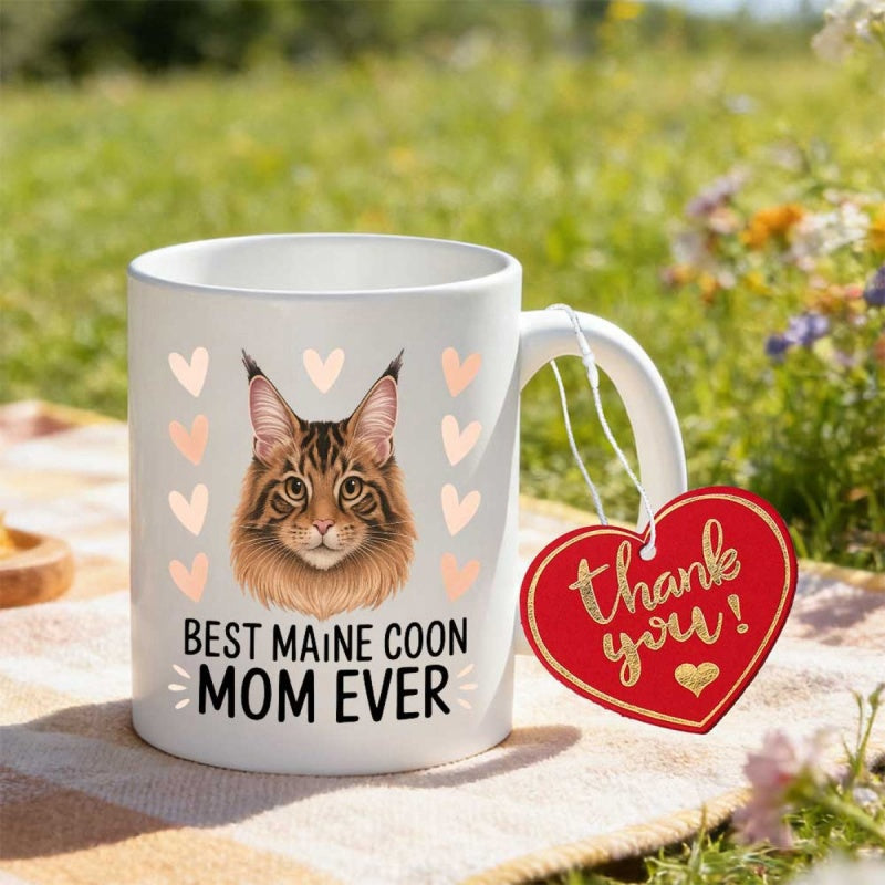 Tailorly White Ceramic 11 oz Mug - Best Maine Coon Mom Ever Detailed Portrait Of A Long Haired Feline Face With Soft Pastel Hearts Cat