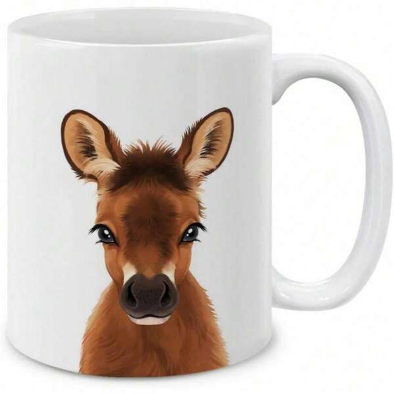 Tailorly White Ceramic 11 oz Mug - Adorable Brown Furry Baby Animal Portrait With Large Ears And Big Gentle Eyes Calf
