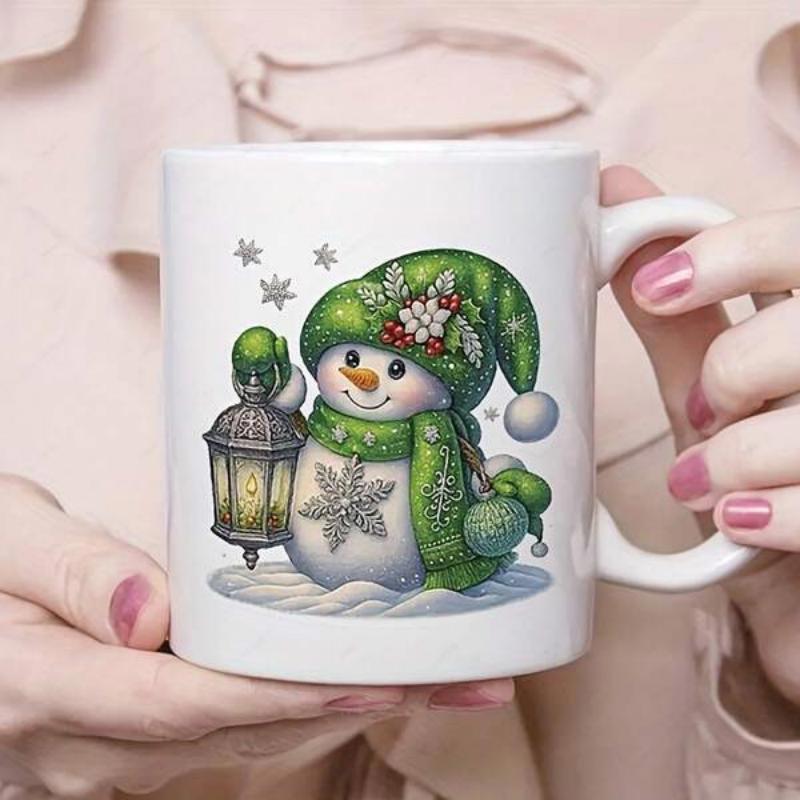 Tailorly White Ceramic 11 oz Mug - Cute Smiling Winter Character Holding A Glowing Vintage Lamp In Snow Snowman